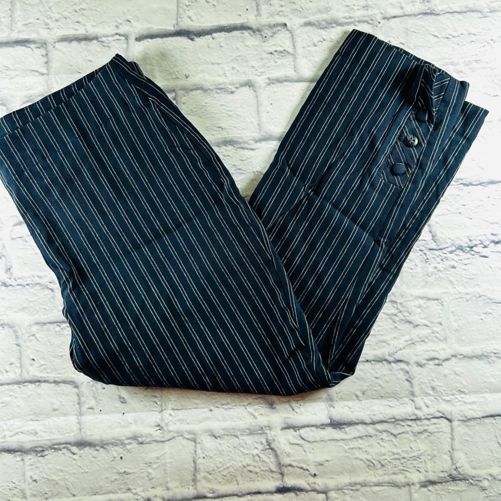 Chicos Navy Blue Pinstripe Ankle Pants Women Size 1 US 8 Button Hem Pull On